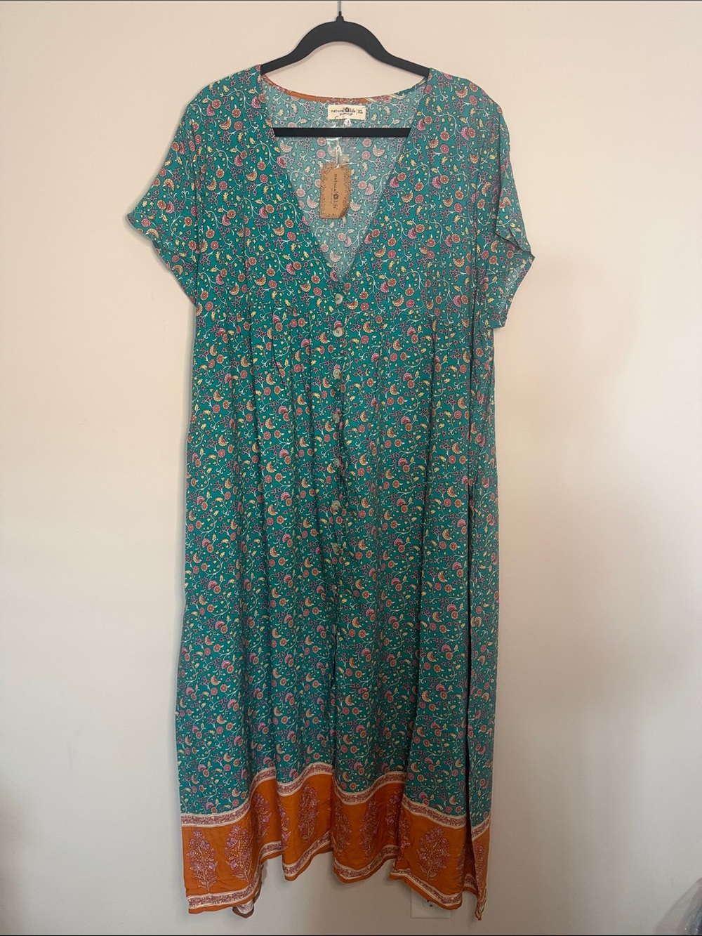 Green Floral V-Neck Maxi Dress with Orange Border